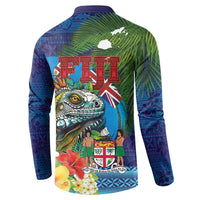 Fiji Iguana-Coat of Arms Button Sweatshirt with Hibiscus and Plumeria Palm Tree Tapa Art
