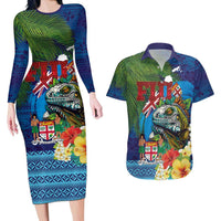 Fiji Iguana-Coat of Arms Couples Matching Long Sleeve Bodycon Dress and Hawaiian Shirt with Hibiscus and Plumeria Palm Tree Tapa Art LT03 Blue - Polynesian Pride