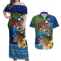 Fiji Iguana-Coat of Arms Couples Matching Off Shoulder Maxi Dress and Hawaiian Shirt with Hibiscus and Plumeria Palm Tree Tapa Art LT03 Blue - Polynesian Pride