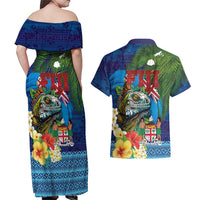 Fiji Iguana-Coat of Arms Couples Matching Off Shoulder Maxi Dress and Hawaiian Shirt with Hibiscus and Plumeria Palm Tree Tapa Art LT03 - Polynesian Pride