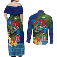 Fiji Iguana-Coat of Arms Couples Matching Off Shoulder Maxi Dress and Long Sleeve Button Shirt with Hibiscus and Plumeria Palm Tree Tapa Art LT03 - Polynesian Pride