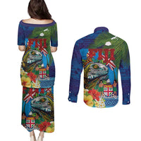 Fiji Iguana-Coat of Arms Couples Matching Puletasi and Long Sleeve Button Shirt with Hibiscus and Plumeria Palm Tree Tapa Art