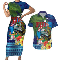 Fiji Iguana-Coat of Arms Couples Matching Short Sleeve Bodycon Dress and Hawaiian Shirt with Hibiscus and Plumeria Palm Tree Tapa Art LT03 Blue - Polynesian Pride