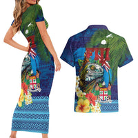 Fiji Iguana-Coat of Arms Couples Matching Short Sleeve Bodycon Dress and Hawaiian Shirt with Hibiscus and Plumeria Palm Tree Tapa Art LT03 - Polynesian Pride