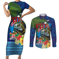 Fiji Iguana-Coat of Arms Couples Matching Short Sleeve Bodycon Dress and Long Sleeve Button Shirt with Hibiscus and Plumeria Palm Tree Tapa Art LT03 Blue - Polynesian Pride