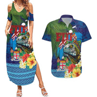Fiji Iguana-Coat of Arms Couples Matching Summer Maxi Dress and Hawaiian Shirt with Hibiscus and Plumeria Palm Tree Tapa Art LT03 Blue - Polynesian Pride