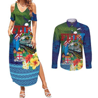 Fiji Iguana-Coat of Arms Couples Matching Summer Maxi Dress and Long Sleeve Button Shirt with Hibiscus and Plumeria Palm Tree Tapa Art LT03 Blue - Polynesian Pride