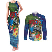 Fiji Iguana-Coat of Arms Couples Matching Tank Maxi Dress and Long Sleeve Button Shirt with Hibiscus and Plumeria Palm Tree Tapa Art LT03 Blue - Polynesian Pride