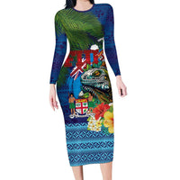 Fiji Iguana-Coat of Arms Family Matching Long Sleeve Bodycon Dress and Hawaiian Shirt with Hibiscus and Plumeria Palm Tree Tapa Art LT03 Mom's Dress Blue - Polynesian Pride