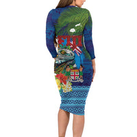 Fiji Iguana-Coat of Arms Family Matching Long Sleeve Bodycon Dress and Hawaiian Shirt with Hibiscus and Plumeria Palm Tree Tapa Art LT03 - Polynesian Pride