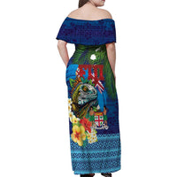 Fiji Iguana-Coat of Arms Family Matching Off Shoulder Maxi Dress and Hawaiian Shirt with Hibiscus and Plumeria Palm Tree Tapa Art LT03 - Polynesian Pride