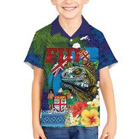 Fiji Iguana-Coat of Arms Family Matching Off Shoulder Maxi Dress and Hawaiian Shirt with Hibiscus and Plumeria Palm Tree Tapa Art LT03 Son's Shirt Blue - Polynesian Pride
