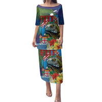 Fiji Iguana-Coat of Arms Family Matching Puletasi and Hawaiian Shirt with Hibiscus and Plumeria Palm Tree Tapa Art