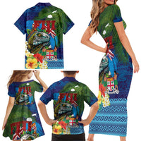 Fiji Iguana-Coat of Arms Family Matching Short Sleeve Bodycon Dress and Hawaiian Shirt with Hibiscus and Plumeria Palm Tree Tapa Art LT03 - Polynesian Pride