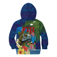 Fiji Iguana-Coat of Arms Kid Hoodie with Hibiscus and Plumeria Palm Tree Tapa Art