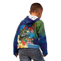 Fiji Iguana-Coat of Arms Kid Hoodie with Hibiscus and Plumeria Palm Tree Tapa Art