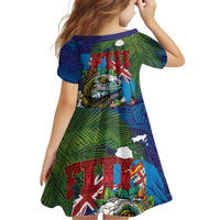 Fiji Iguana-Coat of Arms Kid Short Sleeve Dress with Hibiscus and Plumeria Palm Tree Tapa Art