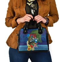 Fiji Iguana-Coat of Arms Shoulder Handbag with Hibiscus and Plumeria Palm Tree Tapa Art