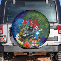 Fiji Iguana-Coat of Arms Spare Tire Cover with Hibiscus and Plumeria Palm Tree Tapa Art LT03 Blue - Polynesian Pride