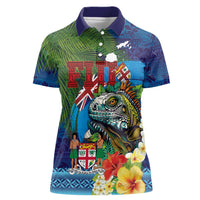 Fiji Iguana-Coat of Arms Women Polo Shirt with Hibiscus and Plumeria Palm Tree Tapa Art LT03 Female Blue - Polynesian Pride