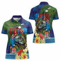 Fiji Iguana-Coat of Arms Women Polo Shirt with Hibiscus and Plumeria Palm Tree Tapa Art LT03 - Polynesian Pride