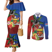 Personalised Fiji and Rotuma Together Couples Matching Mermaid Dress and Long Sleeve Button Shirt Fjian Masi and Pacific Pattern Mix Culture LT03 Red - Polynesian Pride