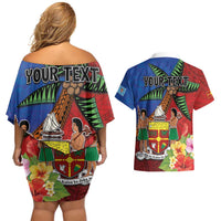 Personalised Fiji and Rotuma Together Couples Matching Off Shoulder Short Dress and Hawaiian Shirt Fjian Masi and Pacific Pattern Mix Culture LT03 - Polynesian Pride