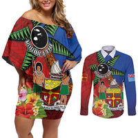 Personalised Fiji and Rotuma Together Couples Matching Off Shoulder Short Dress and Long Sleeve Button Shirt Fjian Masi and Pacific Pattern Mix Culture LT03 Red - Polynesian Pride