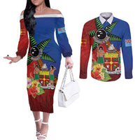 Personalised Fiji and Rotuma Together Couples Matching Off The Shoulder Long Sleeve Dress and Long Sleeve Button Shirt Fjian Masi and Pacific Pattern Mix Culture LT03 Red - Polynesian Pride