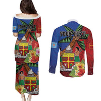 Personalised Fiji and Rotuma Together Couples Matching Puletasi and Long Sleeve Button Shirt Fjian Masi and Pacific Pattern Mix Culture