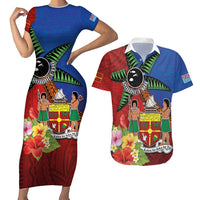 Personalised Fiji and Rotuma Together Couples Matching Short Sleeve Bodycon Dress and Hawaiian Shirt Fjian Masi and Pacific Pattern Mix Culture LT03 Red - Polynesian Pride