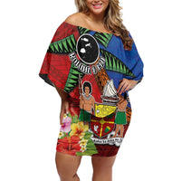 Personalised Fiji and Rotuma Together Off Shoulder Short Dress Fjian Masi and Pacific Pattern Mix Culture