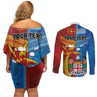 Personalised Fiji and Rotuma Together Couples Matching Off Shoulder Short Dress and Long Sleeve Button Shirt Tapa and Pacific Art Pattern with Cultural Emblems Half Style
