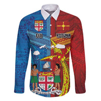 Personalised Fiji and Rotuma Together Family Matching Long Sleeve Bodycon Dress and Hawaiian Shirt Tapa and Pacific Art Pattern with Cultural Emblems Half Style LT03 Dad's Shirt - Long Sleeve Red - Polynesian Pride