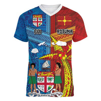 Personalised Fiji and Rotuma Together Women V-Neck T-Shirt Tapa and Pacific Art Pattern with Cultural Emblems Half Style
