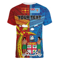 Personalised Fiji and Rotuma Together Women V-Neck T-Shirt Tapa and Pacific Art Pattern with Cultural Emblems Half Style