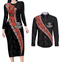 Custom New Zealand Rugby Couples Matching Long Sleeve Bodycon Dress and Long Sleeve Button Shirt Maori and Silver Fern Half Style LT03 Black - Polynesian Pride