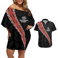 Custom New Zealand Rugby Couples Matching Off Shoulder Short Dress and Hawaiian Shirt Maori and Silver Fern Half Style LT03 Black - Polynesian Pride
