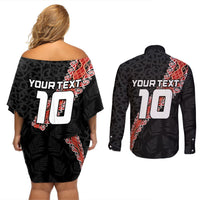 Custom New Zealand Rugby Couples Matching Off Shoulder Short Dress and Long Sleeve Button Shirt Maori and Silver Fern Half Style LT03 - Polynesian Pride