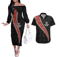 Custom New Zealand Rugby Couples Matching Off The Shoulder Long Sleeve Dress and Hawaiian Shirt Maori and Silver Fern Half Style LT03 Black - Polynesian Pride