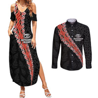 Custom New Zealand Rugby Couples Matching Summer Maxi Dress and Long Sleeve Button Shirt Maori and Silver Fern Half Style LT03 Black - Polynesian Pride