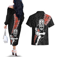 New Zealand Maori Warrior Rugby Couples Matching Off The Shoulder Long Sleeve Dress and Hawaiian Shirt Maori and Silver Fern Half Style LT03 - Polynesian Pride