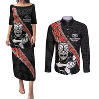 New Zealand Maori Warrior Rugby Couples Matching Puletasi and Long Sleeve Button Shirt Maori and Silver Fern Half Style LT03 Black - Polynesian Pride