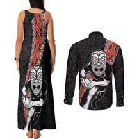 New Zealand Maori Warrior Rugby Couples Matching Tank Maxi Dress and Long Sleeve Button Shirt Maori and Silver Fern Half Style LT03 - Polynesian Pride