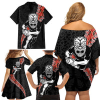 New Zealand Maori Warrior Rugby Family Matching Off Shoulder Short Dress and Hawaiian Shirt Maori and Silver Fern Half Style LT03 - Polynesian Pride