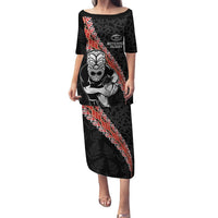 New Zealand Maori Warrior Rugby Family Matching Puletasi and Hawaiian Shirt Maori and Silver Fern Half Style LT03 Mom's Dress Black - Polynesian Pride