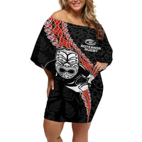 New Zealand Maori Warrior Rugby Off Shoulder Short Dress Maori and Silver Fern Half Style LT03 Women Black - Polynesian Pride