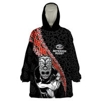 New Zealand Maori Warrior Rugby Wearable Blanket Hoodie Maori and Silver Fern Half Style LT03 One Size Black - Polynesian Pride