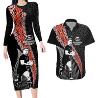 New Zealand Maori Rugby Player Couples Matching Long Sleeve Bodycon Dress and Hawaiian Shirt Maori and Silver Fern Half Style LT03 Black - Polynesian Pride