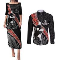 New Zealand Maori Rugby Player Couples Matching Puletasi and Long Sleeve Button Shirt Maori and Silver Fern Half Style LT03 Black - Polynesian Pride